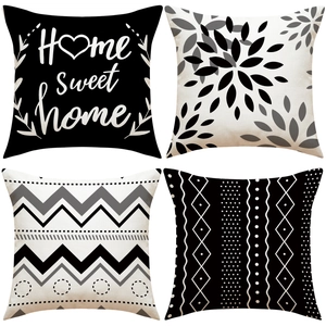 Set of four minimalist black and white geometric linen pillow covers for home sofa decor