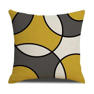 Close-up of yellow and grey geometric pattern on textured linen decorative cushion cover