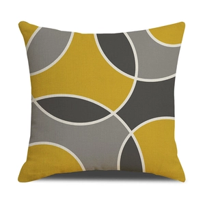 Nordic abstract linen pillow case with yellow and grey geometric circles on white background