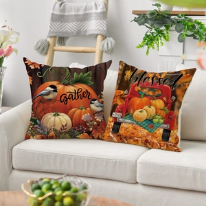 Set of autumn harvest pillow covers featuring pumpkins and vintage red truck designs