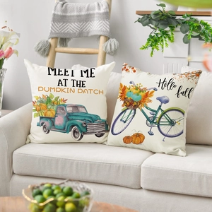 Lot de 2 housses de coussin d'automne en lin avec motifs de camion et de citrouille
