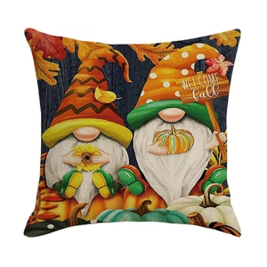 Fall themed linen pillow cover featuring gnomes, pumpkins and Welcome Fall text design