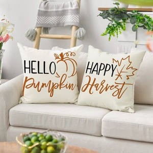 Autumn linen pillowcases with pumpkin and maple leaf prints for fall harvest decor