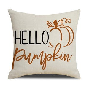 Detailed macro view of the linen fabric texture and Hello Pumpkin autumn harvest print