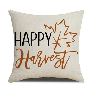 Linen pumpkin maple leaf cushion cover with HAPPY Harvest print for autumn home decor