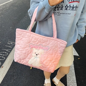 Pink heart quilted shoulder bag with cute cartoon dog embroidery and soft tote handle