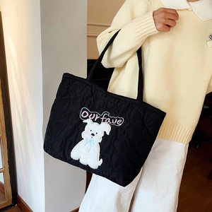 Quilted black puffer tote bag with cute dog patch and heart embroidery for women