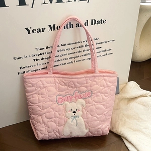 Cute Cartoon Dog Cotton Padded Tote Bag Heart Quilted Large Capacity Shoulder Bag Soft Sweet Casual Zipper Handbag Women