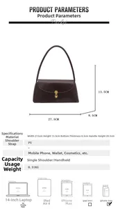 Detailed size chart and specifications of the vintage dark red PU leather baguette bag