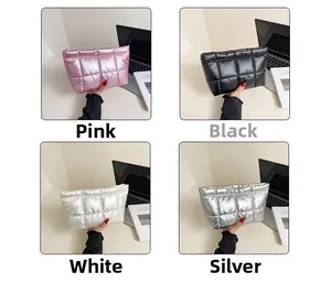 Quilted nylon clutch bags shown in pink, black, white, and silver options