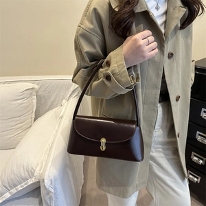 Minimalist dark brown leather shoulder bag for women with vintage metal buckle