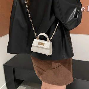 White croc-embossed mini crossbody bag with golden chain strap and top handle for women