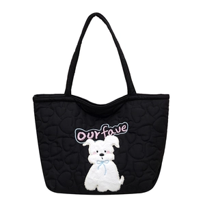Cute black heart-quilted tote bag with white cartoon dog embroidery for daily use