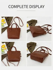 Detailed views of brown bucket bag with gold hardware and Fashion & BaG text