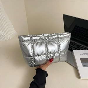 Women Metallic Shiny Puffy Quilted Clutch Bag Fashion Square Handbag Versatile Cosmetic Storage Pouch Street Style Lady Accessory