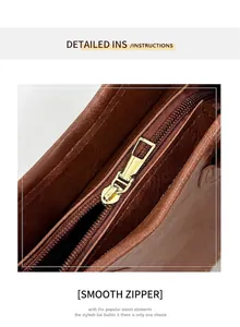 Macro detail of high-quality golden metal zipper on a premium brown leather bucket bag