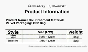 Size chart showing plush gnome dimensions 18x12cm and weight specs for bearded and braided styles