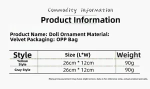 Detailed size chart for reindeer plush ornaments showing 26x12cm dimensions and fabric specs