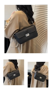 Chic black minimalist leather shoulder bag with silver rectangular metal lock buckle detail