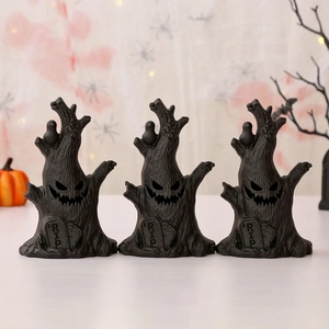Three-piece black Halloween tree stump ghosts with crow and RIP gravestone detail
