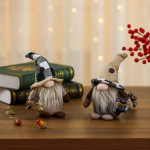 Coffee gnome decorations with burlap hats and checkered fabric on a rustic wooden table