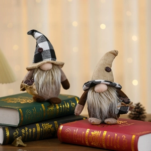 Pair of coffee-themed gnomes with plaid hats and mini coffee bean bags for home decor