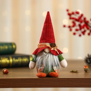 Festive Christmas gnome plush with red knit hat and pine cone on a warm cozy background