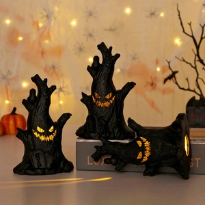 Three-piece glowing Halloween ghost tree stump decor with LED light and RIP tombstone