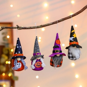 Four piece set of Halloween gnome hanging ornaments with pumpkin and skull decorations