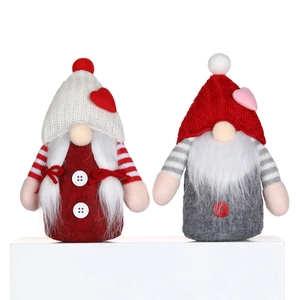 Christmas heart gnome plush dolls with knitted hats and faux fur beards on white blocks