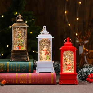 Vintage Christmas lanterns with LED lights and swirling glitter in bronze, white, and red