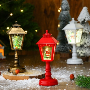 Christmas lantern decoration with LED music and snow scene in red, bronze and white