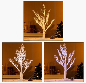 Three-panel view of 65cm LED birch tree light in warm, cool, and purple tones