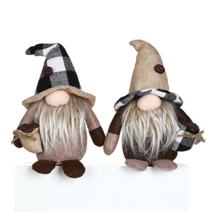 Set of two coffee-themed gnomes with plaid hats and mini coffee beans for home decor