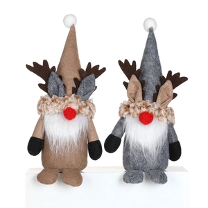Christmas reindeer gnome plush set with antlers and fuzzy hats on white pedestals
