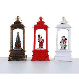 Three Christmas lanterns with Santa, Snowman, and Tree scenes on a white background