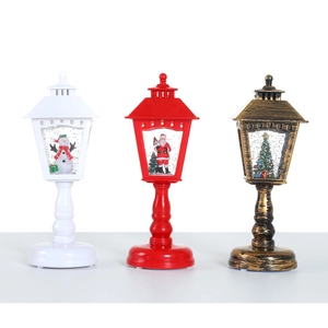Retro Christmas lantern with music and light featuring Santa, Snowman, and Tree motifs