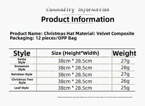Size chart table for velvet Christmas hats showing dimensions 38cm x 28.5cm for various styles