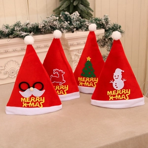 Set of 4 plush red Christmas hats with Santa, reindeer, and snowman cartoon appliques