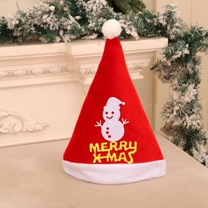 Detail of red plush Santa hat featuring white snowman appliqué and Merry X-MAS 3D lettering