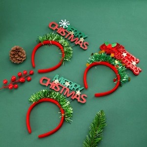 Merry Christmas Letter Headband With Green Tinsel Red Velvet Hair Band For Christmas Party Costume Decor Accessories