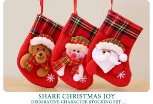 Detailed view of three plush Christmas stockings with 3D Santa, Snowman and Bear figurines