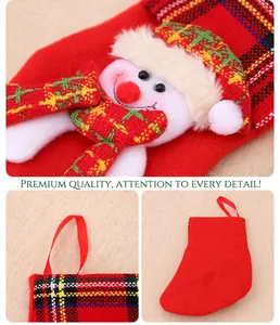 Detail of Christmas stocking with 3D snowman figure featuring plaid scarf and hanging loop