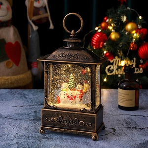 Close-up of a bronze vintage Christmas lantern with snowman scene and swirling glitter lights