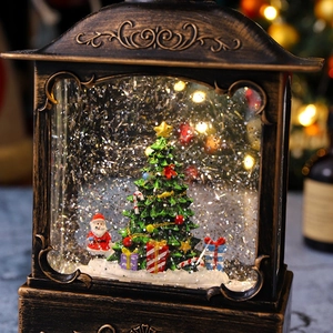 Close-up of retro Christmas lantern with Santa, festive tree and swirling snow detail