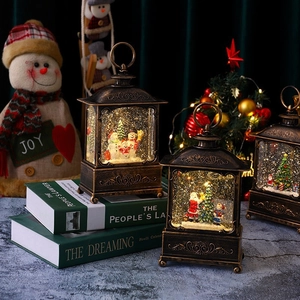 Macro shot of retro Christmas lanterns with festive scenery and shimmering glitter interior