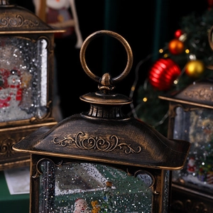 Macro detail of retro bronze Christmas lantern featuring Santa and festive carvings