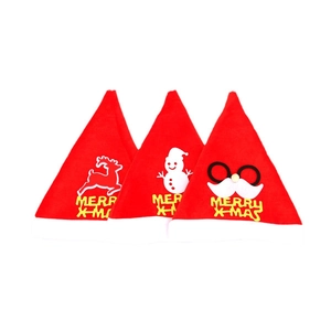 Three-piece red Christmas hats set with reindeer, snowman, and Santa patterns