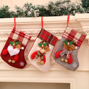 Chaussette De Noël Suspendue Sac En Toile De Jute Avec Poupées 3D Père Noël Bonhomme De Neige Renne Cloches Métalliques