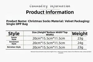 Tableau des tailles pour chaussettes de Noël en lin avec dimensions pour divers modèles
